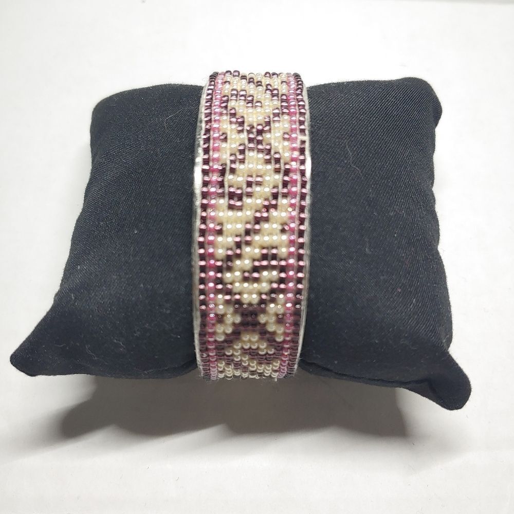 Loom Beaded Bracelet Cuff Pearl, Purple and Pink